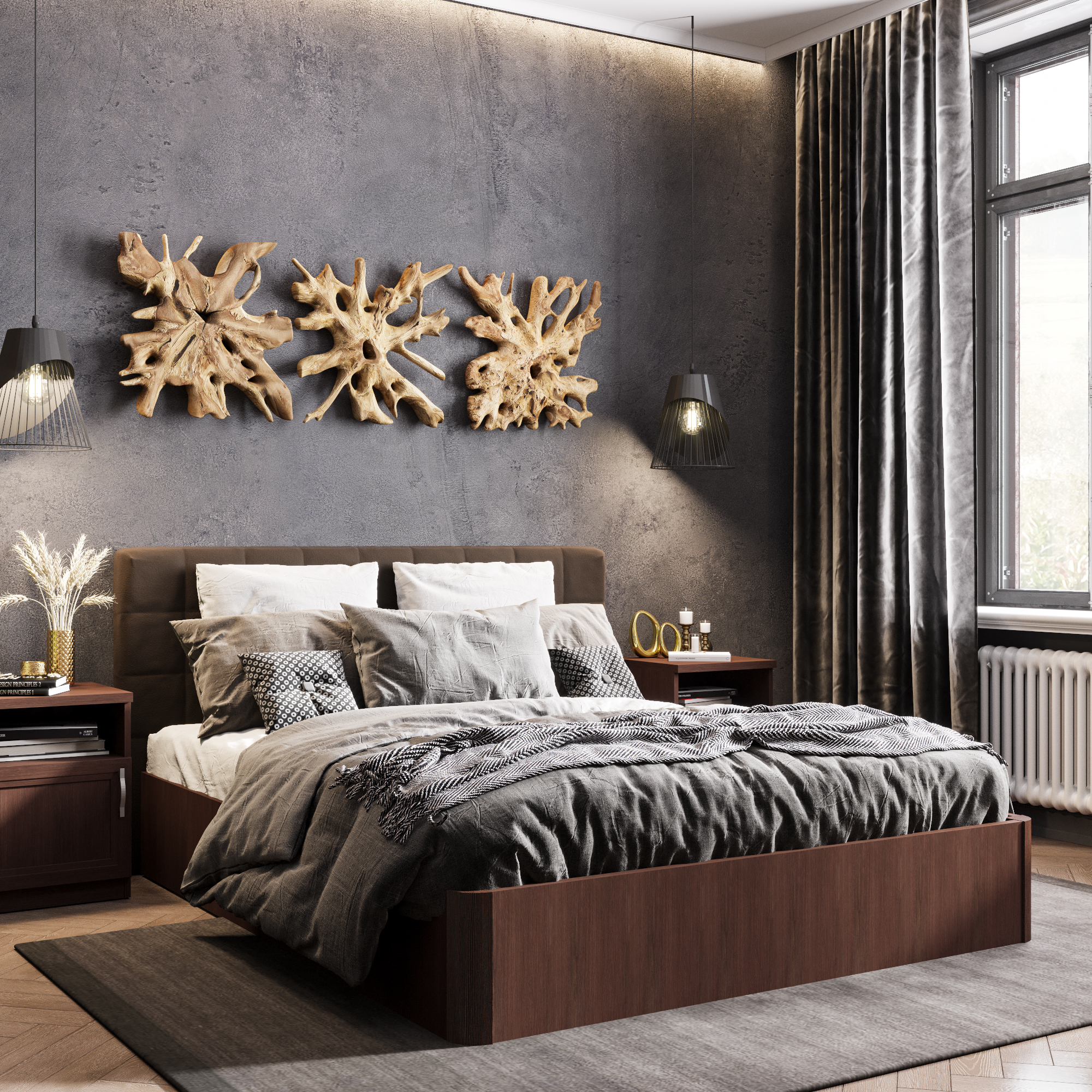 коричневая кровать в интерьере спальни фото