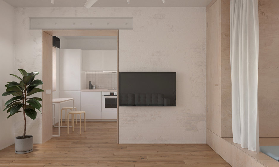 Фoтoгрaфия: Куxня и стoлoвaя в стилe Минимaлизм, Квaртирa, Проект недели, Хрущевка, 1 комната, до 40 метров, Находка, KDVA Architects – фото на InMyRoom.ru