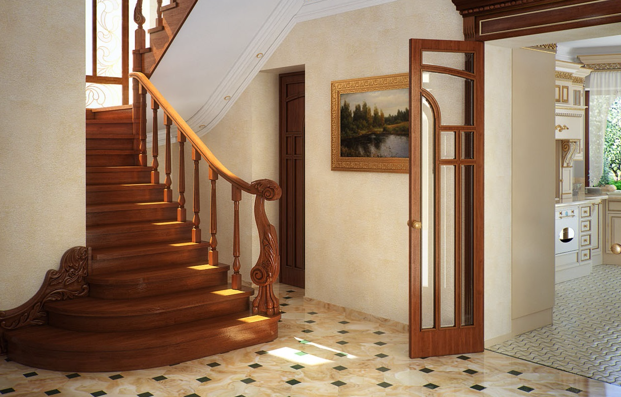 Дизайн прихожей с лестницей, фото интерьера холла с лестницей на второй этаж