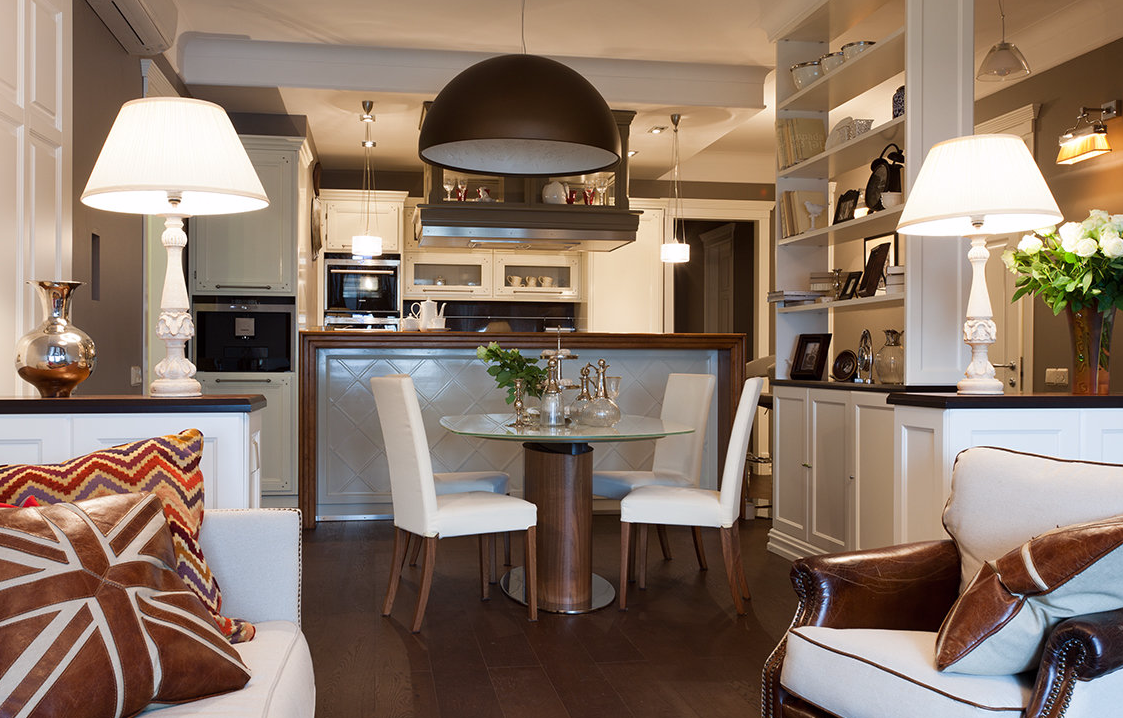 Дизайн кухни столовой гостиной в квартире (74 фото)